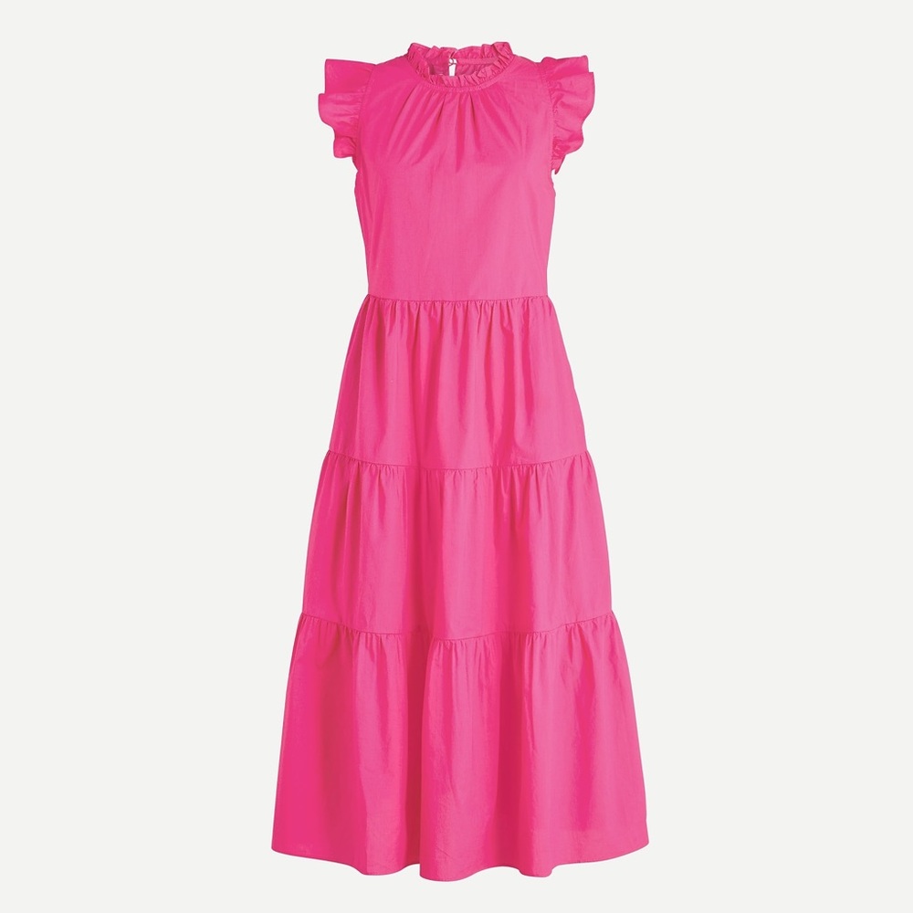 J. Crew Tiered ruffle-sleeve cotton poplin dress bright pink midi dress NWT